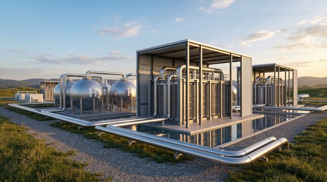 Modern hydrogen production facility with large spherical storage tanks, industrial pipes and metal structures for clean energy generation in a green landscape at sunset.