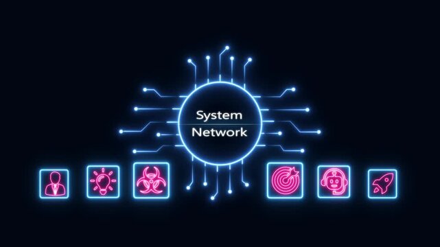Digital system network infographic with glowing neon for technology, business strategy, and cyber security concepts