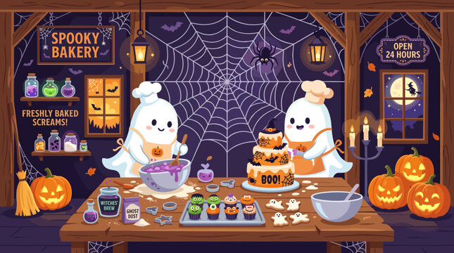 Two cheerful ghosts bake colorful treats in their spooky bakery, surrounded by spiderwebs, pumpkins, and various magical baking ingredients.