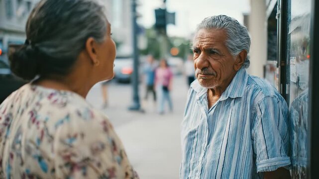 Senior Hispanic man listens to wife intently. Elderly Latin couple converses on busy street. Mature pair stands near urban wall. City backdrop features palms, traffic, lights.