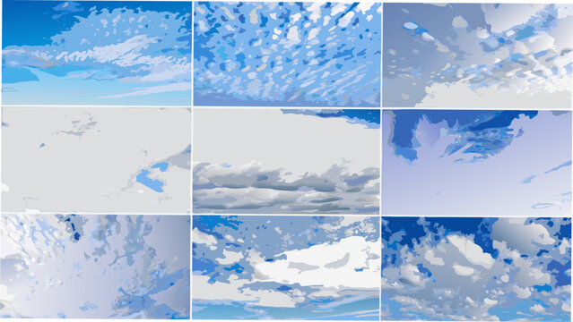 A grid of nine photographs depicting various cloud formations in shades of blue and white aerial view atmospheric azure blue sky cloudscape clouds