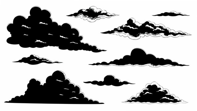 Black cloud silhouettes arranged against a white background forming a whimsical atmospheric composition black and white cloud formation cloudscape clouds cumulus dark design element element