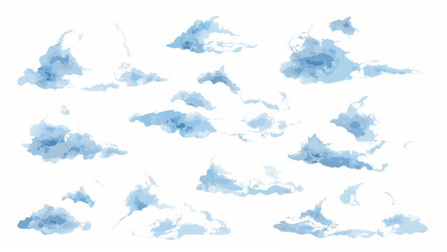 Watercolor clouds collection with varying shapes and shades of blue against a white background cloudscape cumulus cirrus stratocumulus cloud formations wash