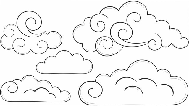 Variety of cloud shapes rendered as a black and white line drawing forming a repeating pattern clouds cloudscape sky weather atmospheric