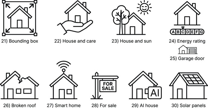 Set of black linear vector icons depicting various smart home and real estate concepts with labels.