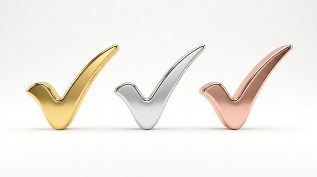 Three shiny metallic check marks rendered in polished gold silver and rose gold finishes showcasing a professional high quality 3d design style on white background