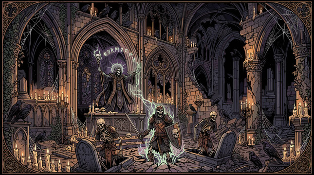 Powerful lich raises an army of skeletal warriors from their graves in a ruined gothic cathedral under a dark and stormy sky.