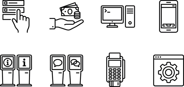 Banking terminal and digital payment line icon set featuring kiosks pos systems computer cash and mobile interface vectors