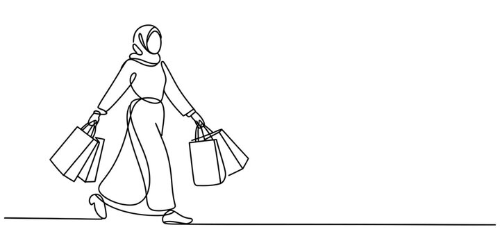 Continuous single line drawing of a happy young muslim woman wearing a hijab walking while carrying many shopping bags from a mall store after retail therapy Vector, illustration