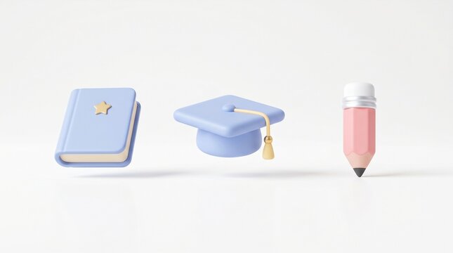 A light blue book with a golden star alongside a mortarboard graduation cap and a cute pink pencil icon rendered in a soft 3d style on white background.