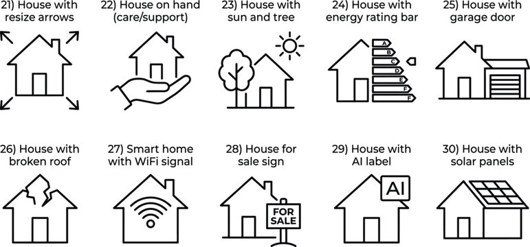 Set of black linear vector icons depicting various smart home and real estate concepts.