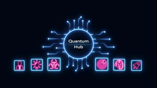 Quantum hub digital interface: futuristic technology network and data connectivity motion