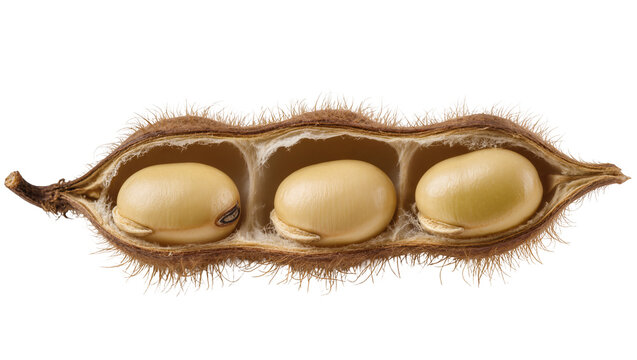 Soybean pod with three light yellow beans inside