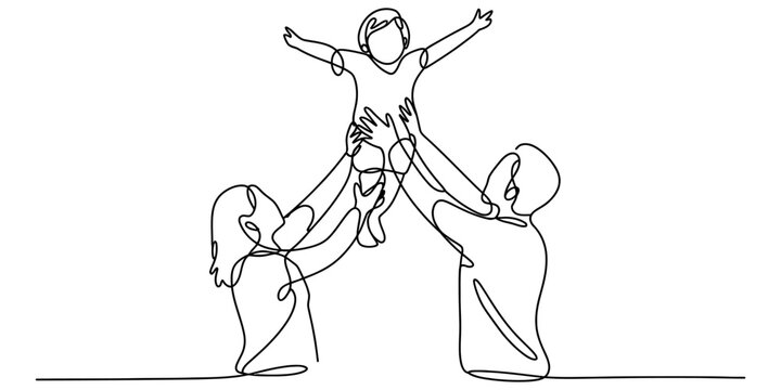 Happy mother and father lifting their little child up in the air as a continuous line drawing art piece showing love and care for a young baby in family Vector, illustration