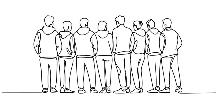 Continuous single line drawing of a group of diverse young people standing together looking forward in a row as a team concept for unity and togetherness Vector, illustration