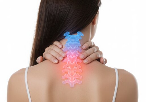 Woman experiencing neck pain with highlighted cervical spine and inflammation