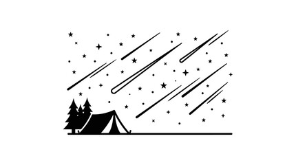 A minimalist black and white illustration of a camping tent under a meteor shower. © Kab