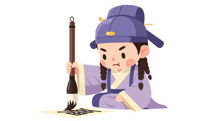 Obraz premium Cartoon girl with calligraphy brush.
