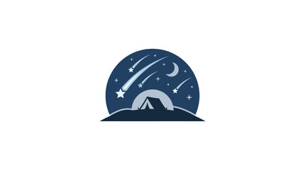 Minimalist camping logo featuring a tent under a starry night sky with shooting stars. © Kab