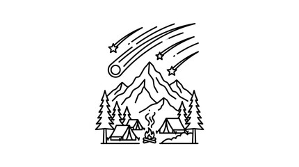 Line art illustration of a mountain campsite under a starry night sky with shooting stars. © Kab