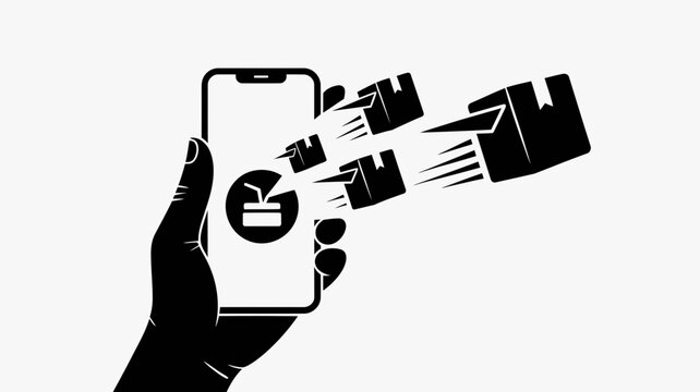 Black and white illustration of a hand holding a smartphone with a plant icon on the screen and flying papers