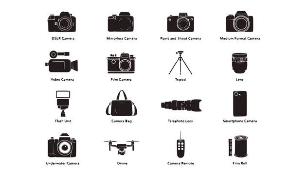 Photography Gear Icons: Cameras, Drone, Tripod, Lens, Flash, and Accessories