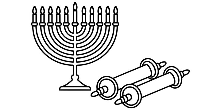 Black and white line art illustration featuring a traditional jewish hanukkah menorah candelabra and a sacred torah scroll for religious holiday celebration Vector, illustration