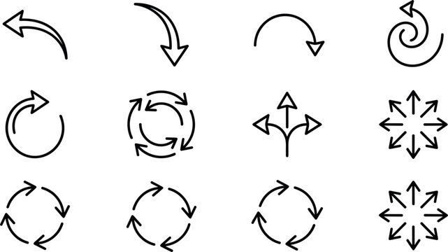 Circular motion and rotation arrow line icon set featuring curved pointers refresh cycle loop spiral multi directional split and reverse process navigation symbols