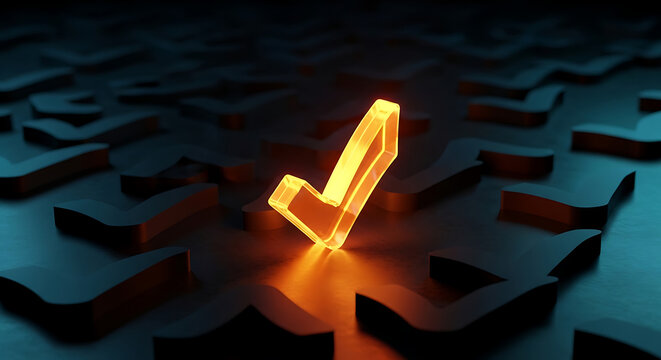 Glowing orange glass checkmark icon on dark textured surface representing business success approval and verified positive completion with checkmark approval business positive complete agreement