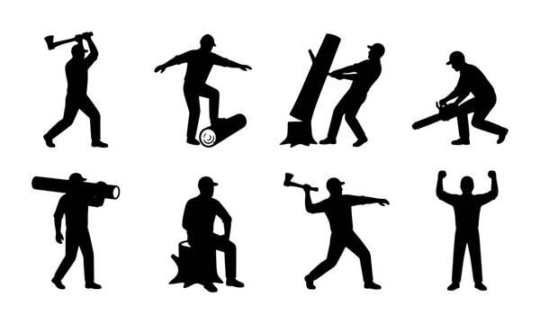 Lumberjack Silhouette Set, Woodcutter Action Poses, Forestry Worker Icons, Logging Industry Graphics, Black and White Vector Illustrations