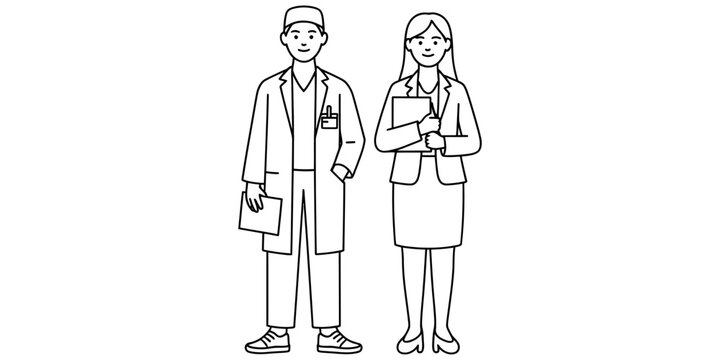 A male doctor and a female businesswoman standing together and smiling in a simple black and white line art drawing style for professional presentation Vector, illustration