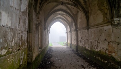 Obraz premium Ancient stone tunnel leading to bright archway in medieval ruin.