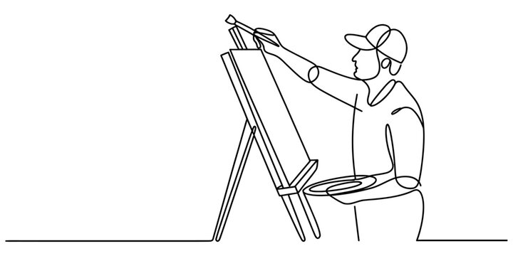 A continuous single line drawing of a male artist painter wearing a cap painting on a canvas placed on a wooden easel holding a palette in his hand Vector, illustration
