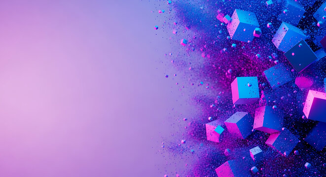 Abstract 3D neon cubes disintegrating into particles on purple background with abstract particle disintegration geometric background technology futuristic explosion creative