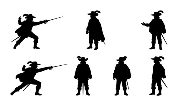 Silhouette Musketeer Set, Historical Swordsman Poses, Vintage Fencing Warrior Icons, Classic French Soldier Vector Graphics