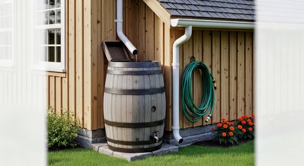 Obraz premium Rustic Rain Barrel Water Collection System Attached to Wooden House Exterior With Green Hose.jpg