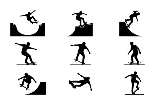 Skateboarder Silhouette Icons, Extreme Sports Action Vector Graphics, Urban Lifestyle and Recreation Symbols, Dynamic Streetboarding Collection