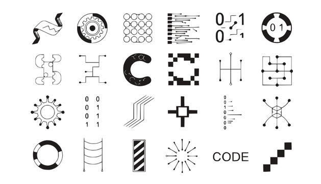Digital Technology Icons Set: Binary Code, Circuits, Data Flow, Analytics