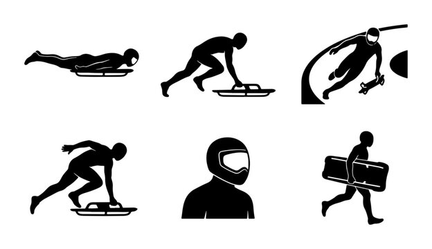 Skeleton Bobsledding Athlete Icons, Winter Sports Silhouette Set, Action Poses Vector Graphics