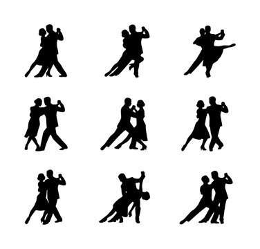 Elegant Ballroom Dance Silhouettes, Couple Poses Vector Set, Romantic Movement Graphics, Tango Waltz Foxtrot Collection