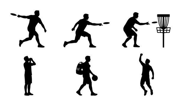Disc Golf Silhouettes: Action Poses, Player Throwing, Basket Aim, Victory Celebration, Vector Set
