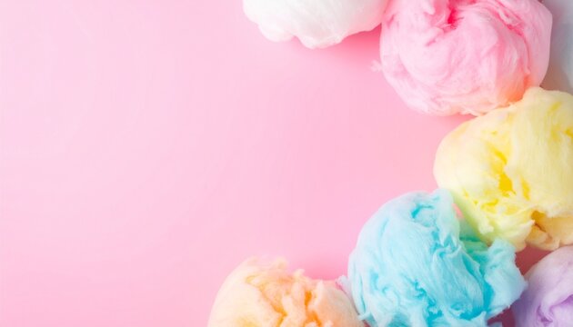 Colorful cotton candy floating against a pastel background with large copy space, whimsical mood, vibrant commercial photography