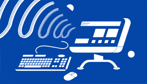 Modern computer setup with wireless signal waves and minimalist design on blue background