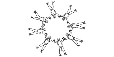 Fototapeta premium Group of skydivers holding hands in a circle formation while freefalling in the sky during a professional extreme sport skydiving jump activity illustration Vector, illustration