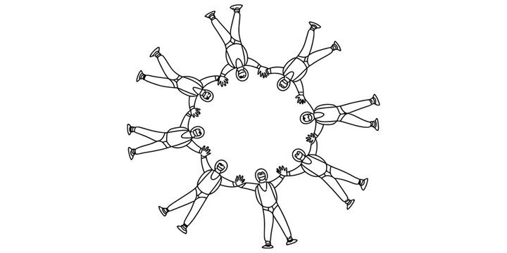 Group of skydivers holding hands in a circle formation while freefalling in the sky during a professional extreme sport skydiving jump activity illustration Vector, illustration