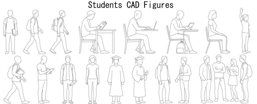 Student CAD Human Figures Outline Vector Pack with School University and Graduate People Blocks