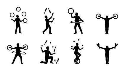 Circus Performers Juggling and Balancing, Silhouette Icons Set: Acrobats, Unicyclist, Hoop Dancer, Juggler with Balls and Clubs, Performance Art, Entertainment Vector Graphics © Mashiur