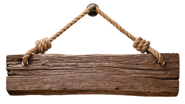 Rustic wooden plank sign hanging by rope