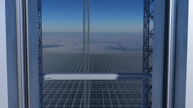 重厚なエレベーターのドアが開き現れる超高層タワーの展望台空間