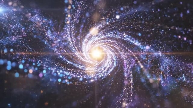Intense cosmic vortex of swirling blue and purple luminous particles with a bright central glow against a dark starry background